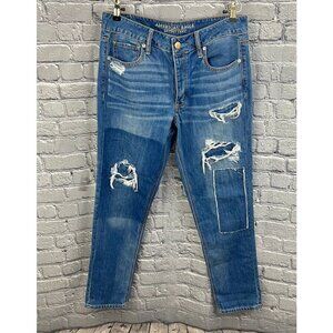 American Eagle  Shadow Patched Tomgirl Distressed Button fly Jeans Size 8